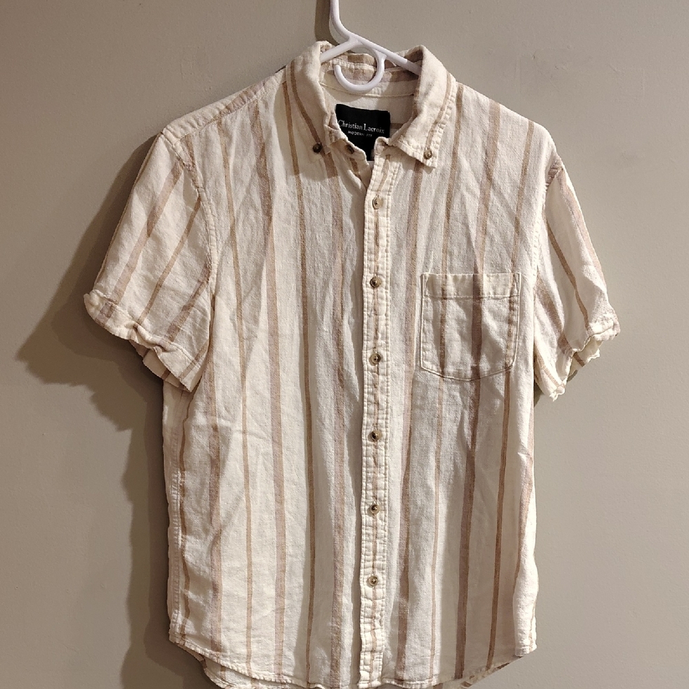 Christian LaCroix Mens Med Modern Fit Beige,White Striped Short Sleeve Shirt